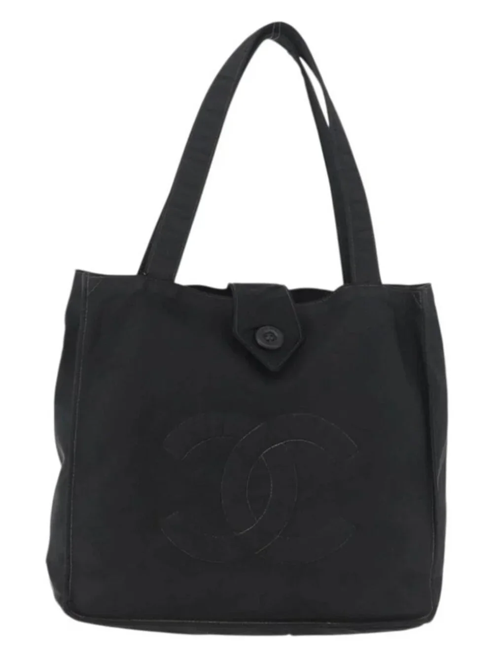 CHANEL Hand Bag Nylon Black Silver CC Auth 176247